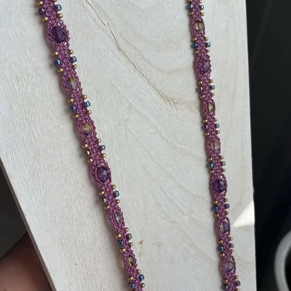 Purple Aurora Borealis Bead Beaded Crochet Handmade Necklace Boho Hippie Unique​
